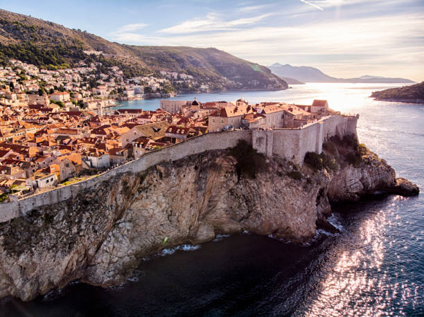 Dubrovnik old town city walls aerial view in a sunny day